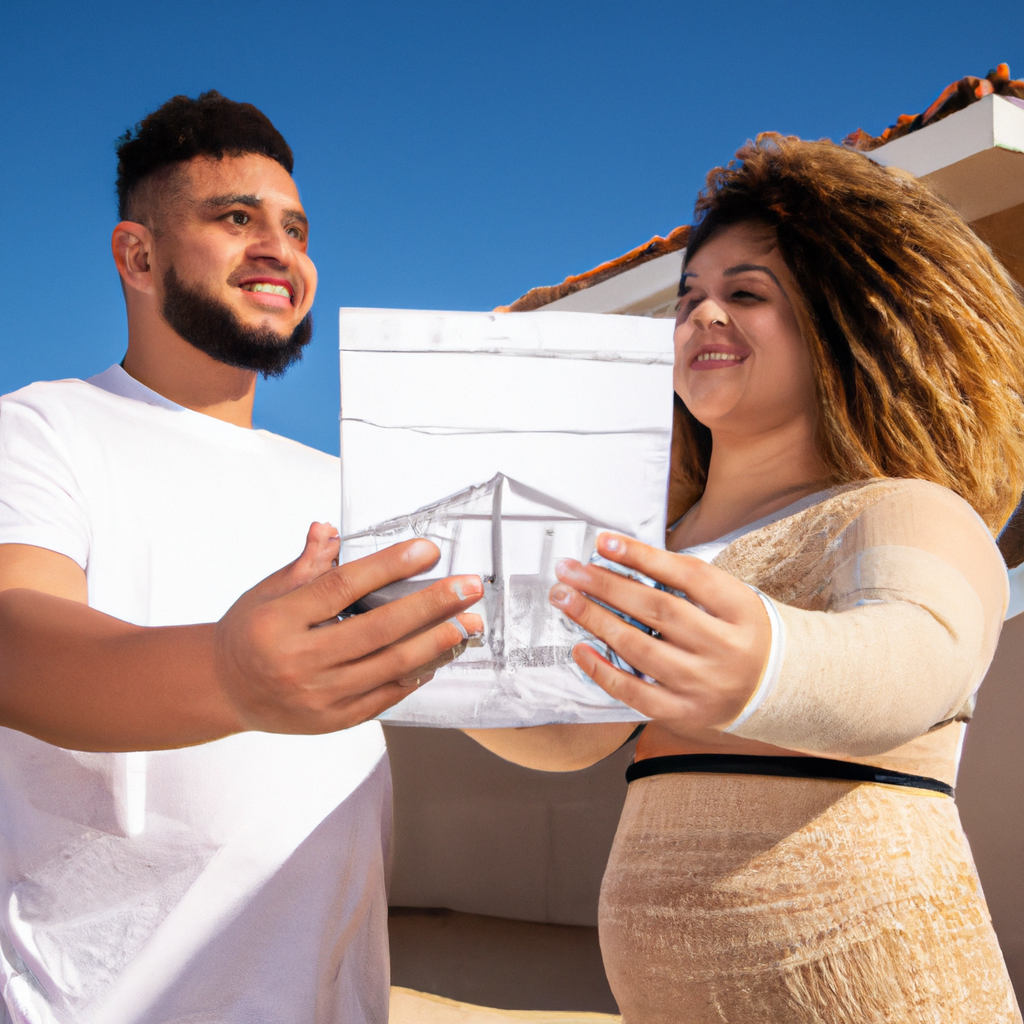 Casal feliz apontando para sua nova residência